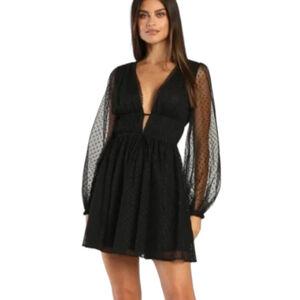 Lulus Mini Ballerina Dress Swiss Dot Tulle Long Sleeve Plunge Open Back New